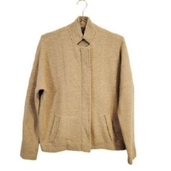 Eileen Fisher | 100% Wool Stand Up Collar Full Zip Knit Jacket Light Brown - Picture 1 of 7